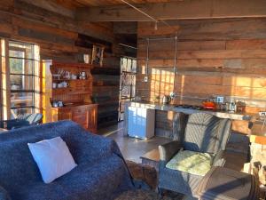 诺丁汉路Rose Mountain Cottage的一间带蓝色沙发的客厅和一间厨房