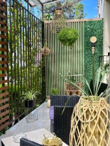 克卢日-纳波卡Maya Apartment的一个带盆栽和围栏的庭院
