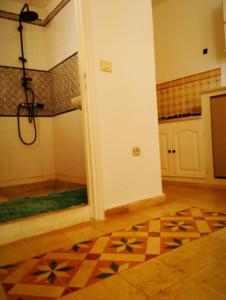 马赫迪耶Maison Albatros的客房设有带淋浴的浴室,铺有瓷砖地板。
