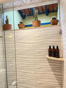 布希奥斯Villa Lulu Geribá的玻璃淋浴间,架子上装有瓶子
