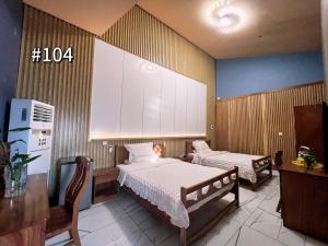 弗里敦Grand Leone Hotel的一间带两张床的卧室和一台电视