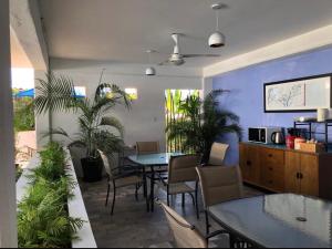 巴亚尔塔港Ixaya的用餐室配有桌椅和植物