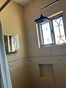 萨尔蒂约Habitación Roble的带淋浴的浴室和窗户。