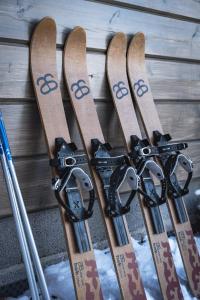 伊纳利Arctic Nature Lodge的一组滑雪板靠在墙上