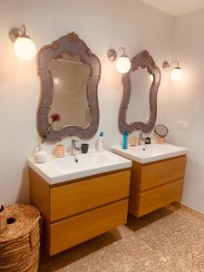 阿尔比Maison d'Hôtes " L'INSTANT D'AILLEURS"的浴室设有2个水槽和2面镜子