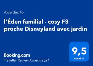 Vaires-sur-Marnel'Éden familial - cosy T3 proche Disneyland avec jardin的蓝色的标志,上面写着我吃熟悉的舒适普罗克托雷斯岛的字眼