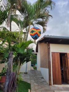 皮雷诺波利斯Brisa da Serra Hotel Pousada Pirenopolis的飞过房子的热气球