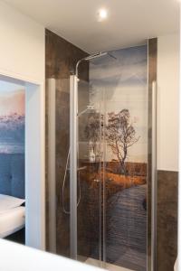 维林根祖姆霍恩埃姆贝格健身酒店的浴室设有淋浴,墙上挂有绘画作品