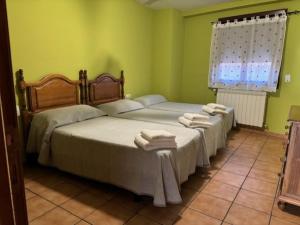 Torres de AlbarracínHotel El Cid的绿色客房内的两张床和毛巾