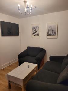 都柏林2 double bedrooms apartment near airport & town的客厅配有两张沙发和一张咖啡桌