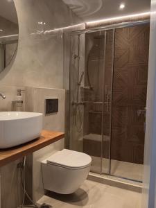 帕蒂迪里奥卡沃斯酒店的带淋浴、卫生间和盥洗盆的浴室