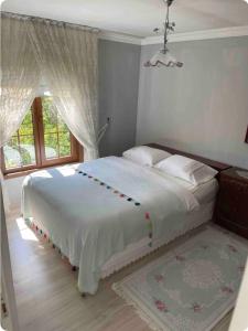 阿克恰阿巴德Trabzon saklı villa的卧室配有一张大白色床和窗户