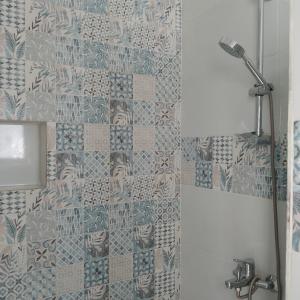 卢克索desert pearl beautiful cosy new home的一间带淋浴的浴室和瓷砖墙