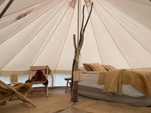 斯文堡Cozy Garden Glamping的一间卧室配有带一张床和椅子的帐篷