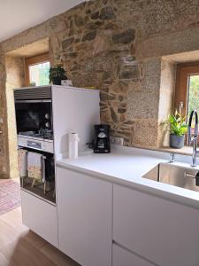 LousameCasa de Chica Ecoturismo的白色的厨房设有水槽和石墙