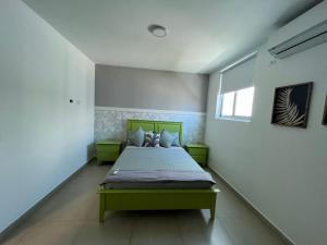 普拉亚布兰卡Playa Blanca Beach Rentals的一间卧室设有一张绿色的床和一个窗户。