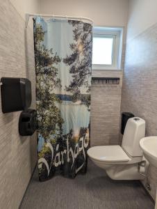 顺托普Vårhaga Vandrarhem的一间带卫生间和淋浴帘的浴室