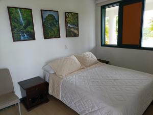 金巴亚Colina del Sol Hotel Hacienda的卧室配有一张床,墙上有三幅照片