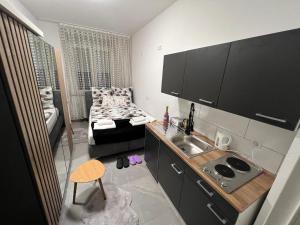 杜伊斯堡Apartment 2 in Duisburg-Mitte, Altstadt的一个带水槽的厨房和一张位于客房内的床