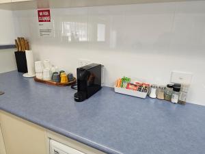 林肯港阿特公寓的厨房柜台配有咖啡壶。