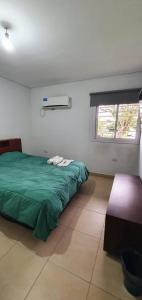耶尔瓦布埃纳La Casita de DaniMar的一间卧室设有一张绿色的床和一个窗户。