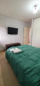 耶尔瓦布埃纳La Casita de DaniMar的一间卧室配有绿床和2条毛巾