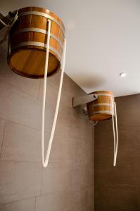 上特劳恩上特劳恩多尔米奥酒店的浴室天花板上挂着两盏灯