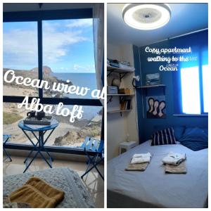 阿布里斯Los Abrigos Ocean relax, wifi, playas的卧室两张照片,配有一张床和一个窗户