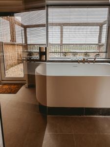 拉纳肯Maas Suites (Maastricht - Lanaken)的带浴缸的浴室和大窗户