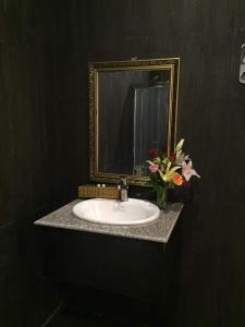 金瓯RUBY Cà Mau的浴室水槽,配有镜子和花瓶