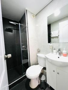 利马Cozy Peruvian Home的浴室配有卫生间、淋浴和盥洗盆。