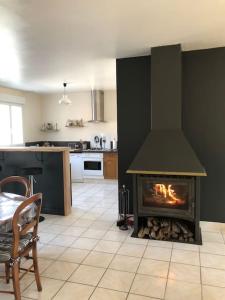 CondacGîte “Les reflets de la Charente”的一间位于客房中间的带壁炉的厨房