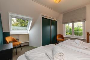 弗劳温普尔德Vakantiehuis Zeepeertje, Vroondijk in Vrouwenpolder的一间卧室设有一张大床和两个窗户。