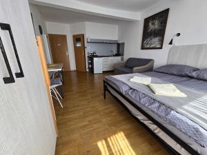 梅尔诺Dom Wczasowy Sloneczko的一间卧室设有一张床和一间客厅。