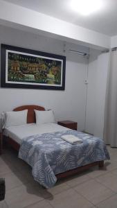 YurimaguasHospedaje Moralillos的卧室配有一张床,墙上挂着一幅画