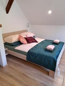 佐尔尼耶戈迪Apartmaji Magda的一间卧室配有一张带蓝色毯子和枕头的床。
