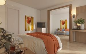 锡德Marvida Family Eco - All Inclusive & Kids Concept的卧室的 ⁇ 染,配有一张床和电视