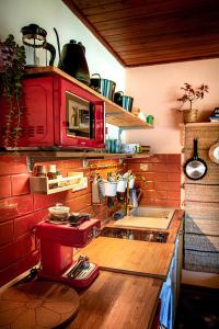 鲍洛托努德沃里Love Shack的厨房配有红色炉灶和水槽