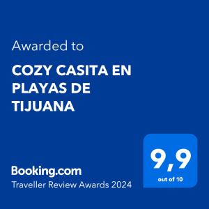 提华纳COZY CASITA EN PLAYAS DE TIJUANA的手机的屏幕,手机的文本被授予舒适的卡西塔
