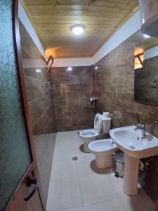 地拉那Bujtina Tusha的一间带两个卫生间、淋浴和盥洗盆的浴室