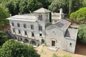 San-Martino-di-LotaCHÂTEAU CAGNINACCI B&B的享有带塔楼的古老建筑的空中景致