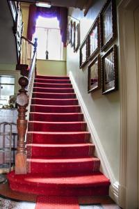 邓多克因尼斯弗利住宿加早餐旅馆的红色地毯的建筑里的一个红色地毯楼梯