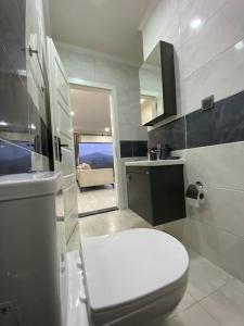 Küre Dağları Manzaralı Şömineli ve Bahçeli Villa的浴室配有白色卫生间和盥洗盆。