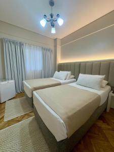 布宜诺斯艾利斯永宏格兰德酒店的配有吊灯的酒店客房内的两张床