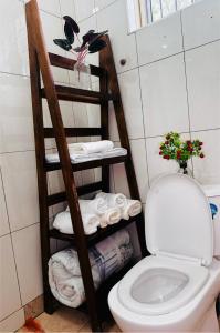 巴加莫约treasury的一间带卫生间的浴室和一个带毛巾的架子