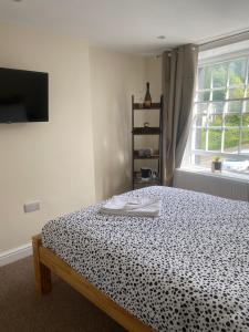 兰戈伦Prince of wales accommodation的一间卧室设有一张床、一台电视和一个窗口。