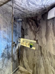 都拉斯Casa Topia的带淋浴的浴室(带石墙)