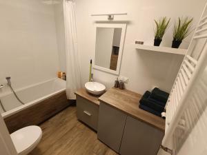 谢德尔采Apartament Siedlce的浴室配有盥洗盆、卫生间和浴缸。
