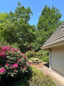 伊皮Vakantiehuis Bos en Hei Veluwe的花园里的一张野餐桌,花上粉红色的花朵