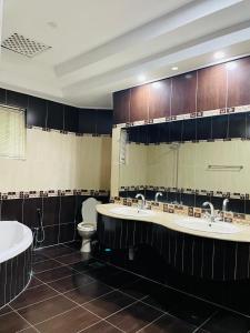 伊斯兰堡行政银河旅馆的浴室设有2个水槽、卫生间和镜子。